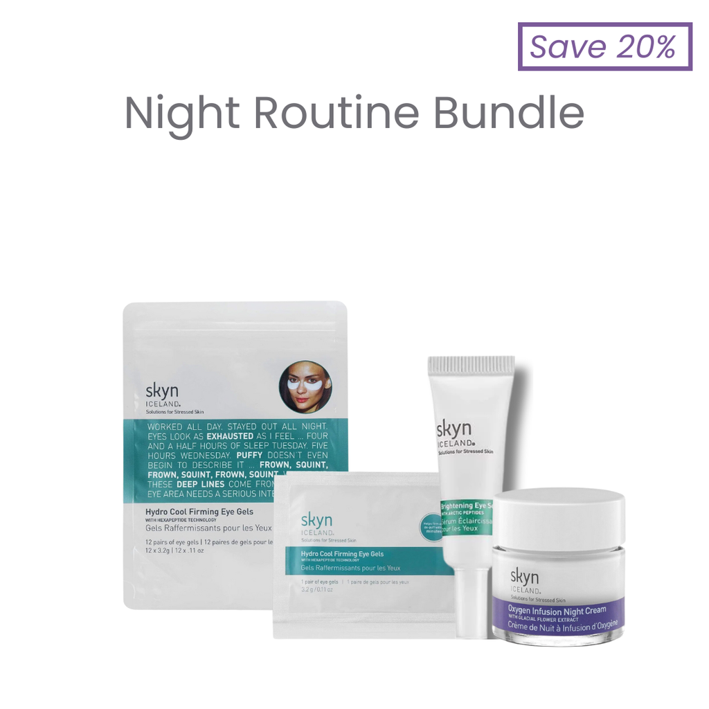 Night Routine Bundle - Hydro Cool Firming Eye Gels, Brightening Eye Serum, and Oxygen Infusion Night Cream - Complete skincare set with Icelandic glacial water, peptides, and antioxidants to hydrate, firm, brighten, and rejuvenate the skin overnight for a refreshed, youthful appearance - Skyn Iceland